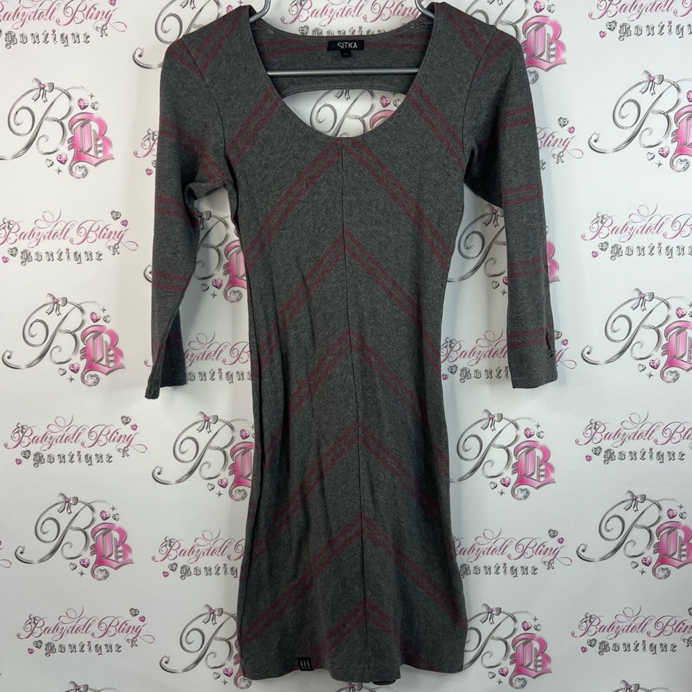 Sitka dress open back hole detail Gray and Pink Long Sleeve Dress stripes